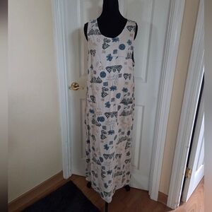 Blue Beige Floral Linen Cotton Sleeveless Maxi dress/pockets Resortwear Vacay M